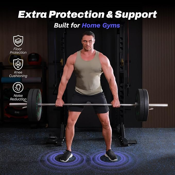 AIRHOP 0.56in Thick 24 Sq Ft Exercise Equipment Mats, 6 Tiles Upgraded Rubber Top with High Density EVA Foam, Large Interlocking Puzzle Gym Flooring for Home Gym, Heavy Weight Workout,Black & Blue