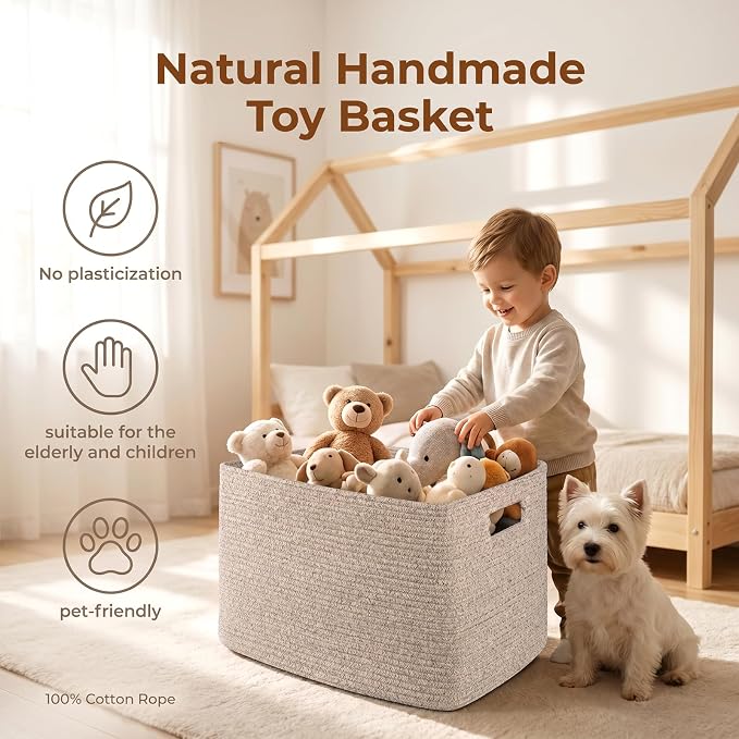 OIAHOMY 75L Large Blanket Basket Woven Cotton Rope Storage Basket Brown - Image 5