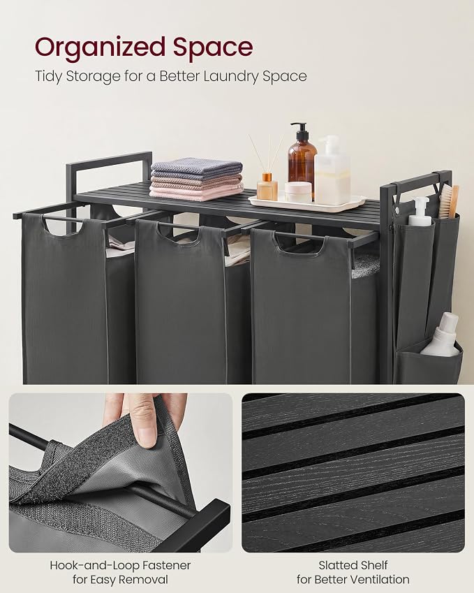 VASAGLE Laundry Hamper with Shelf, 3 Pull-Out Bags, 3 x 10.6 Gallons - Image 4