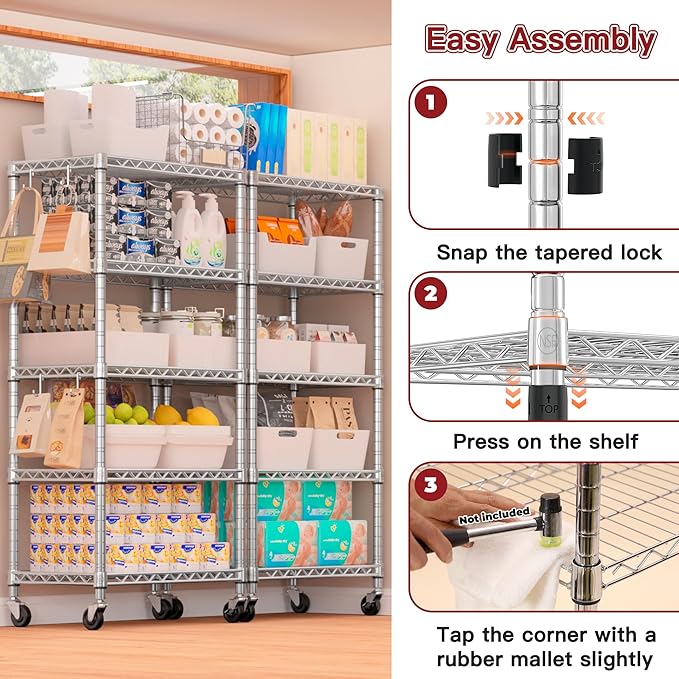 PrimeZone 75" H Wire Shelving 5 Tier Slim Steel Storage Metal Shelves with Wheels,Adjustable Kitchen Utility Shelving Unit,Pantry Rack Rolling Metal Shelf Chrome 24" Wx18 Dx75 H