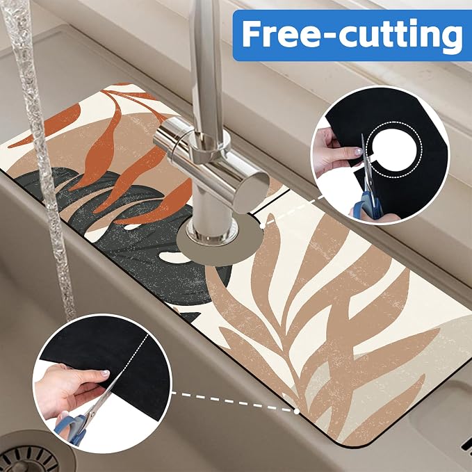 Mid Century Boho Leaves Kitchen Sink Splash Guard Absorbent Fast Drying Mat - Image 7