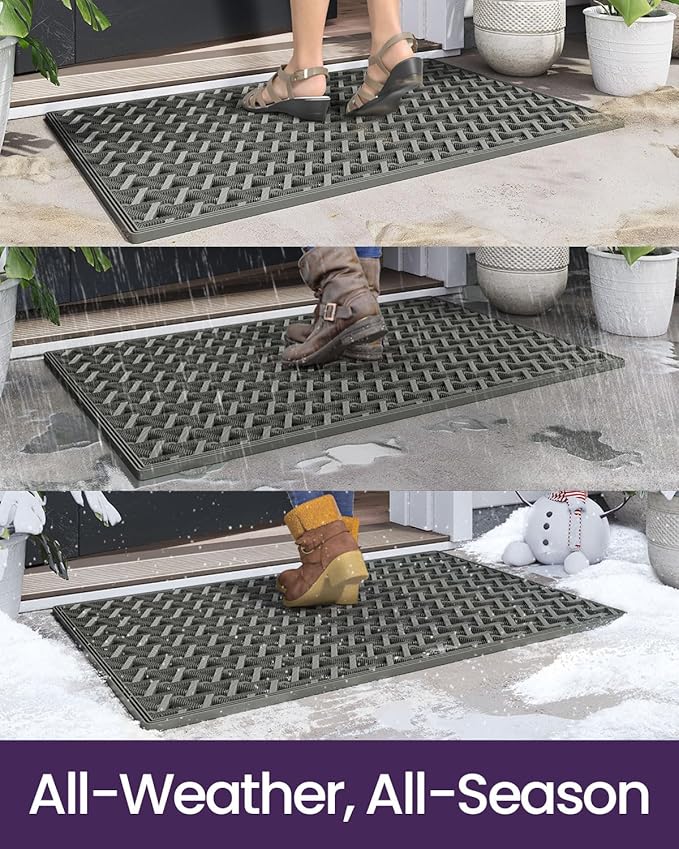 DEXI Front Door Mat Outside Entrance Rubber 19x30, Welcome Floor Doormat Heavy Duty Non Slip, Dirt Trapper Waterproof Exterior Entry Mats All Weather for Patio Entryway Drainage, Grey