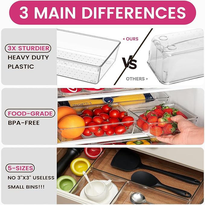 Large Drawer Organizer Bins 26 Pack | Complete 5 Size Clear Plastic Kitchen - Image 5
