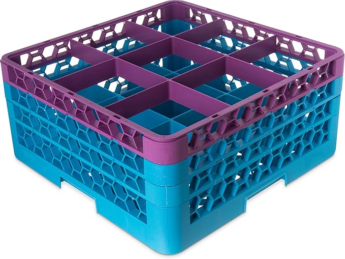 CFS RG9-3C414 OptiClean 9 Compartment Glass Rack with 3 Extenders, 8.72", Polypropylene, Lavender/CFS Blue