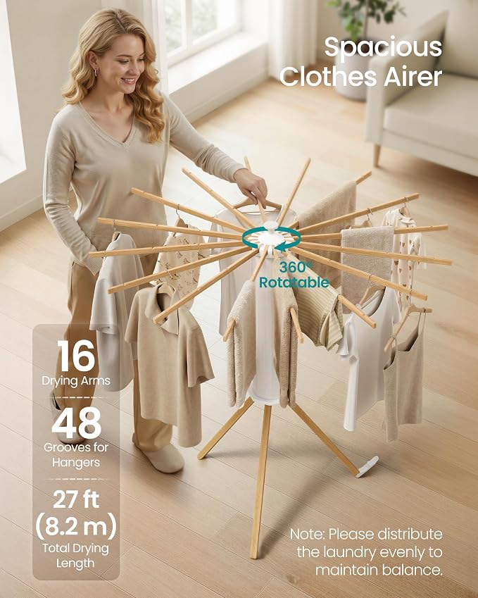 SONGMICS Clothes Drying Rack Foldable, Rotary Tripod Laundry Drying Rack - Image 3