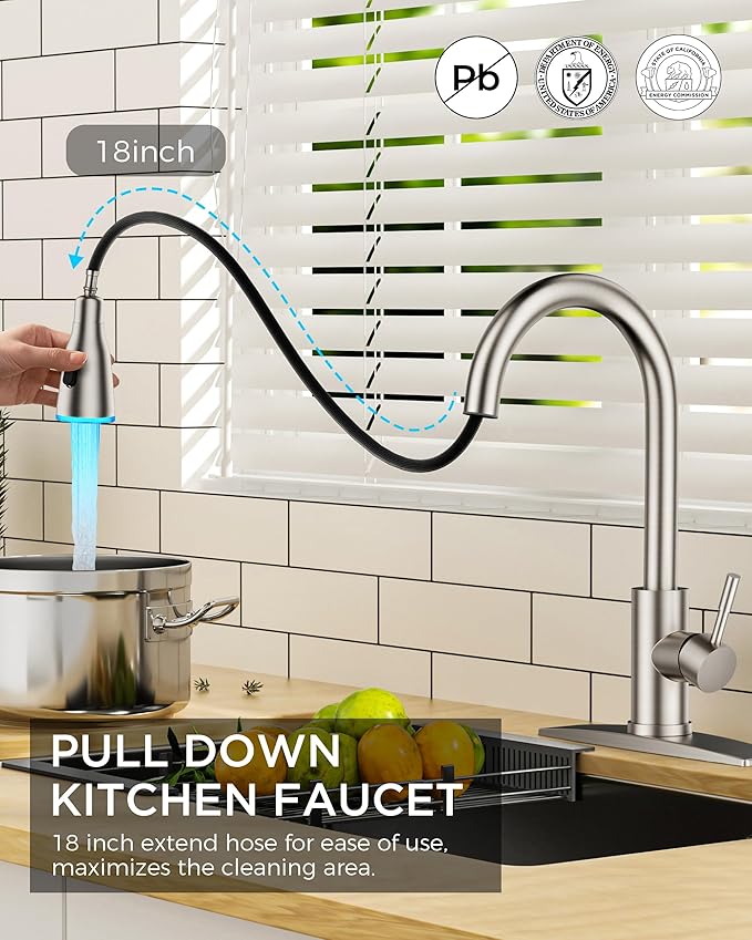 FORIOUS Kitchen Faucet with LED Light Sprayer, Single Hole, Brushed Nickel | - Image 5
