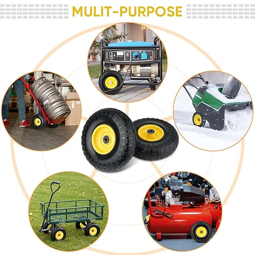 TICONN 4.00-6 Tire and Wheel Flat Free, 2 Pack 13" Solid Tires with 5/8" Axle Bore Hole and Double Sealed Bearings, Perfect for Wheelbarrow, Garden Cart, Wagon, Dolly (Yellow, 2PK)