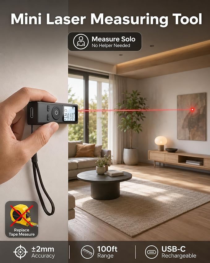 Cooper Ray Mini Laser Measuring Tool, Pocket Size Laser Tape Measure - Image 2