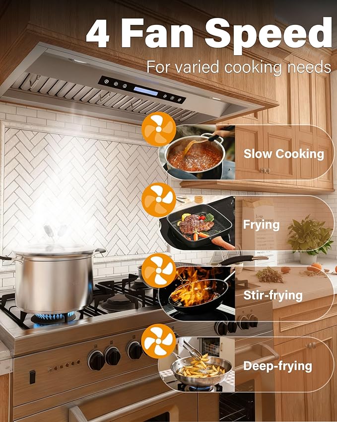 36 inch Stainless Steel Insert Range Hood - 900 CFM, Ultra-Quiet 4-Speed Vent, Touch/Remote Control, LED Lights, Ducted/Ductless Convertible