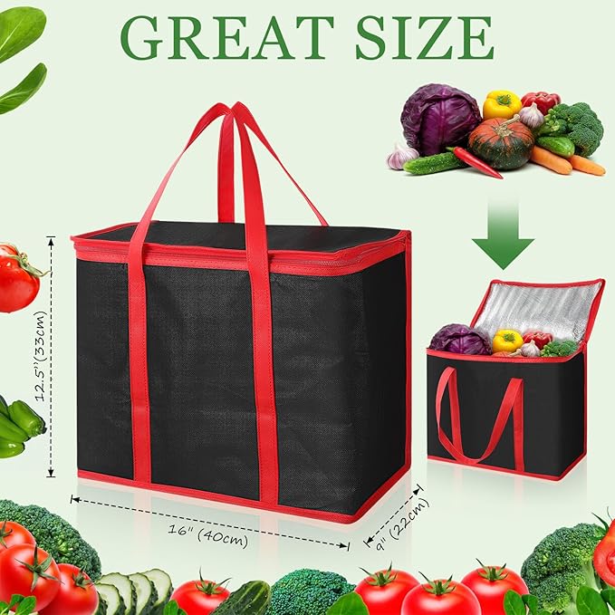 Kenning 15 Pcs Large Insulated Reusable Grocery Bags with Sturdy Zipper and Handles Foldable Washable Cooler Totes Heavy Duty Hot or Cold Food Delivery Bag for Food Transport Travel Lunch (Black Red)