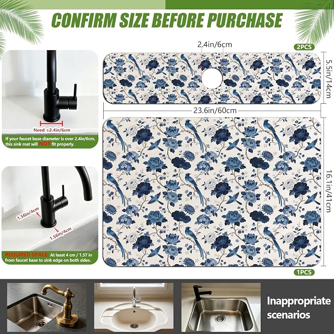 3 Pcs 2 Size Kitchen Sink Splash Guard Faucet Mat Blue Flowers and Birds - Image 2
