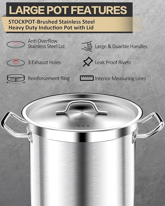 20 Quart Soup Pot with Lid – Stainless Steel Stock Pot, Heavy Duty Cooking Pot for Soup, Pasta, Stew – Induction & Oven Safe, Commercial & Home Use