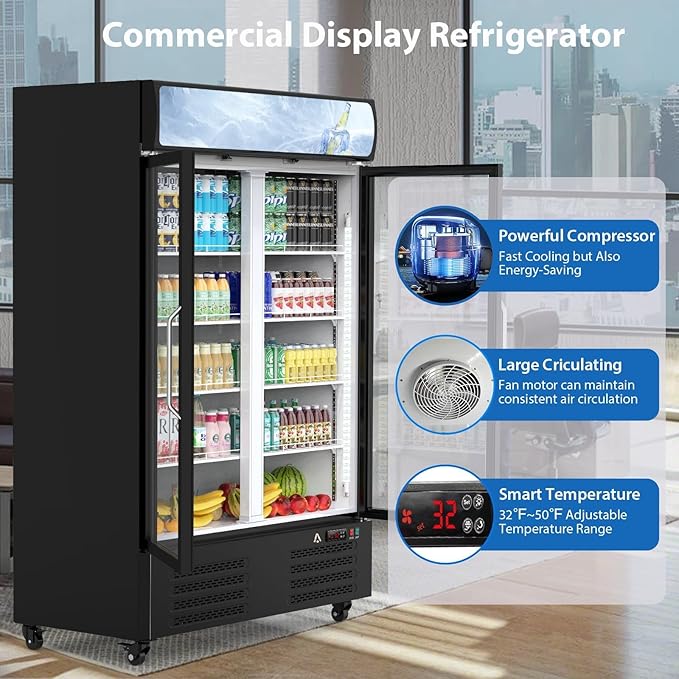 PeakPursuit 36.3 Cu.ft Commercial Beverage Refrigerator, Glass Door Upright Display Cooler, LED Light, Double Swing Doors, Adjustable Shelves, for Store, Restaurant, Bar, Office, Home
