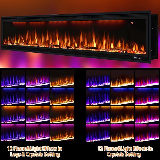 86 inch Electric Fireplace, Smart Fireplace Insert recessed in Wall and Wall Mounted fire Place Heater with Metal Frame, Multicolor Flame & Realistic logs，Thermostat& Timer, 1500W, Black