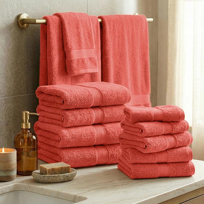 SUPERIOR Egyptian Cotton Ultra Plush & Absorbent, 12 Piece Set, Coral | - Image 2