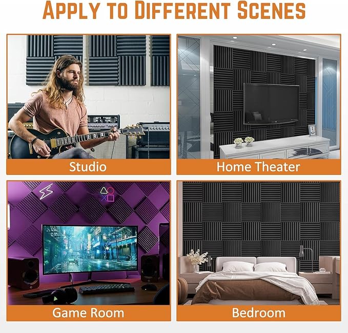 36 Pack Acoustic Foam Panels 2" x 12" x 12" Sound Proof Foam Panles Saiqiang Soundproofing Noise Absorbing Wedge Black Panels for Wall Studio Foams with Double-Side Adhesive