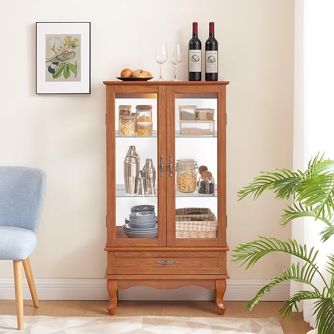 49" H Lighted Curio Cabinet Display Case, Glass Curio Cabinet with Adjustable Shelves,Tempered Glass Door and Drawer, Wooden Cabinets w/Mirrored Back Pane for Living Room (Oak)