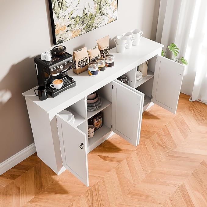 Cozy Castle Buffet Cabinet with Storage - Kitchen Storage Cabinet Wood Console Table Coffee Bar Accent Cabinets for Living Room Dining Room Entryway White 57.5" W | with Storage, Coffee Bar, Accent Cabinets, for Living Room