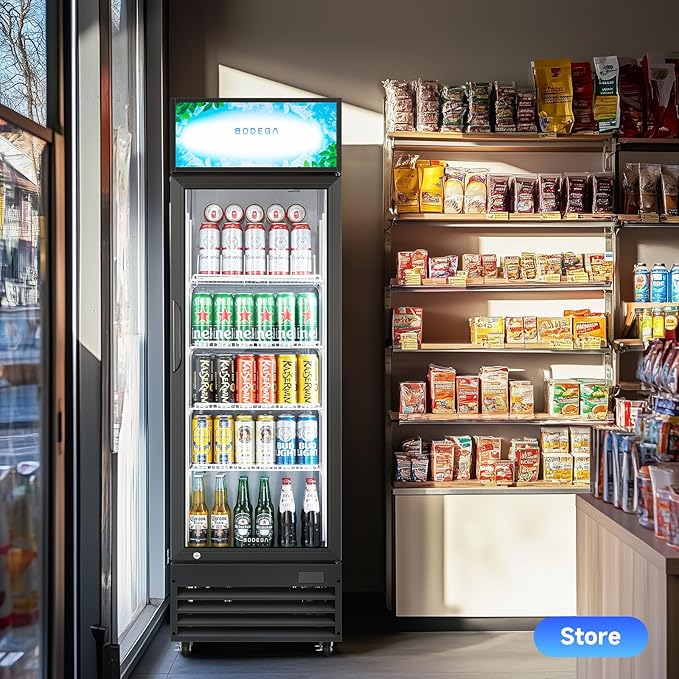 BODEGACOOLER Beverage Refrigerator and Cooler, Commercial Refrigerators with 4 shelves, Commercial Fridge with Soft LED Light. Merchandiser Refrigerators as Black Bar Cooler For Party, 9.0 Cu. Ft