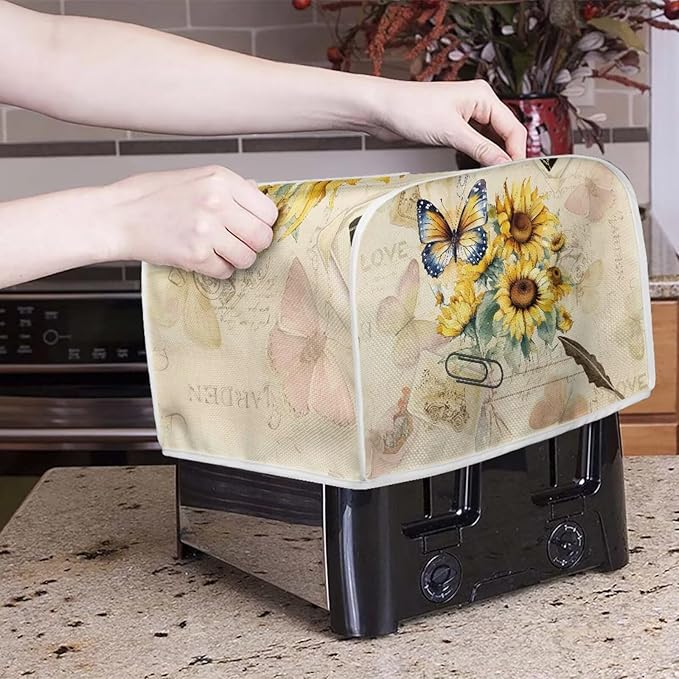 Vintage Butterfly Sunflower 4 Slice Toaster Cover - Bread Machine Dust Cover Protection, Stain Resistant with Handle Keep Clean