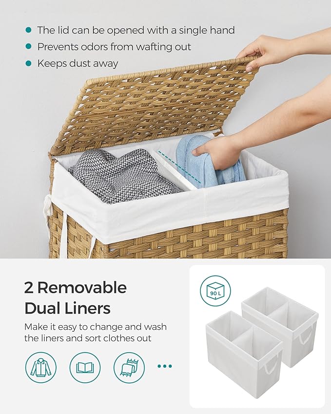 SONGMICS Laundry Hamper with Lid, 90L Double Wicker Basket, 6 Mesh Bags - Image 3