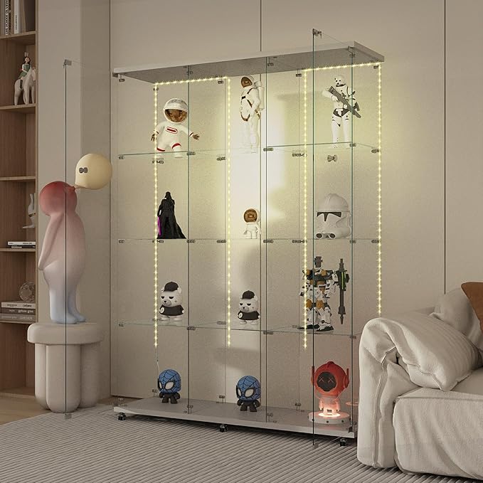 Yoluckea 4 Tiers Glass Display Cabinet Extra Large with Bluetooth LED Light Strip, 2 Doors Floor Standing Curio Cabinet with Universal Wheel for Home, White Glass Bookshelf for Collections, Wood Top