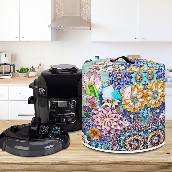 Flashideas Colorful Flowers Pressure Cooker Cover with Storage Pocket Compatible with 8 10 Quart Instant Pot, Durable Rice Cooker Air Fryer Accessories, Waterproof Kitchen Appliances Dust Cover