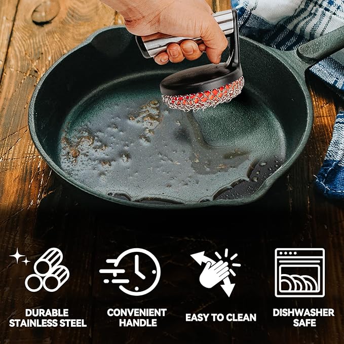 Skyflame Cast Iron Scrubber with Handle, Stainless Steel Chainmail Cleaner for Pans and Skillets - Cast Iron Cookware, Ovens and Grills Cleaning Accessory