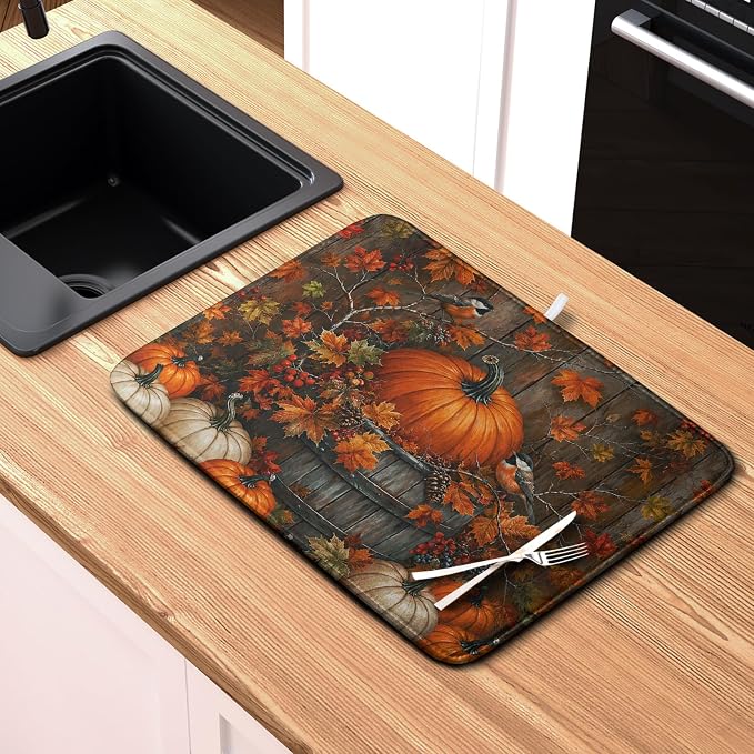 Fall Dish Drying Mat for Kitchen Counter 18x24 Autumn Pumpkin Maple Leaves - Image 6