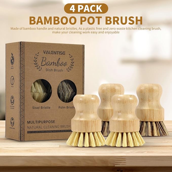 4 Pack Bamboo Dish Brush Set, Natural Palm Dish Scrubber - Image 2