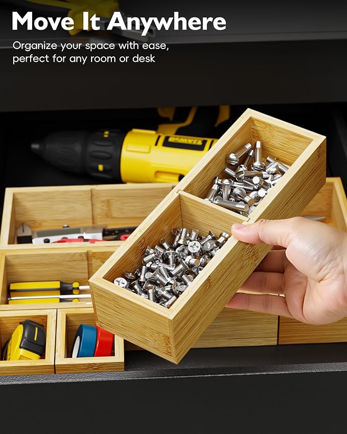 12-Piece Bamboo Drawer Organizer Set, 24 Compartments Modular Storage | Natural - Image 6