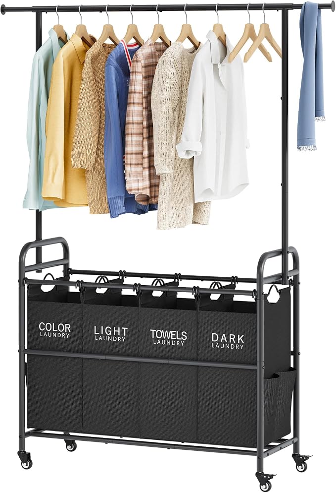 Tajsoon Laundry Sorter with Hanging Bar, 4 Section Laundry Hamper by Tajsoon