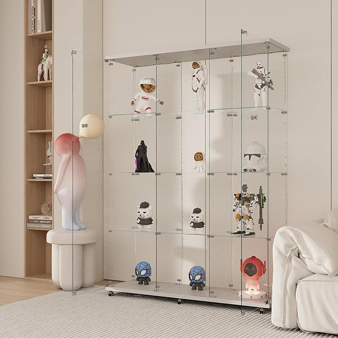 Yoluckea 4 Tiers Glass Display Cabinet Extra Large with Bluetooth LED Light Strip, 2 Doors Floor Standing Curio Cabinet with Universal Wheel for Home, White Glass Bookshelf for Collections, Wood Top