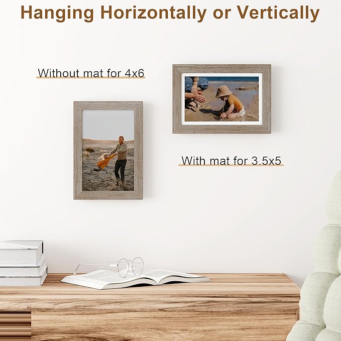 Vittanly 4x6 Picture Frame, Solid Wood Frame with Plexiglass, Includes 3.5x5 Mat, Wall Hanging or Tabletop for Home Decor, Light Brown, 1 Pack