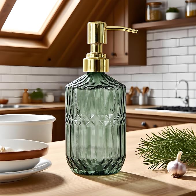 18oz Green Glass Soap Dispenser, Refillable Kitchen, Bathroom Thick Glass Soap - Image 2