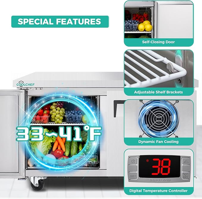 60" Commercial Double Door Worktop Refrigerator, 17 Cu.ft Stainless Steel Prep Table Fridge, R290 Heavy-Duty Undercounter Cooler
