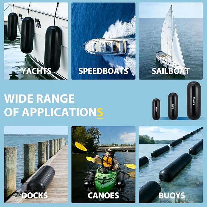 Garvee Boat Fenders 4 Pack 10 x 28 Inches Boat Bumpers for Docking, Ribbed Center Hole, Comes with Ropes and Pump to Inflate