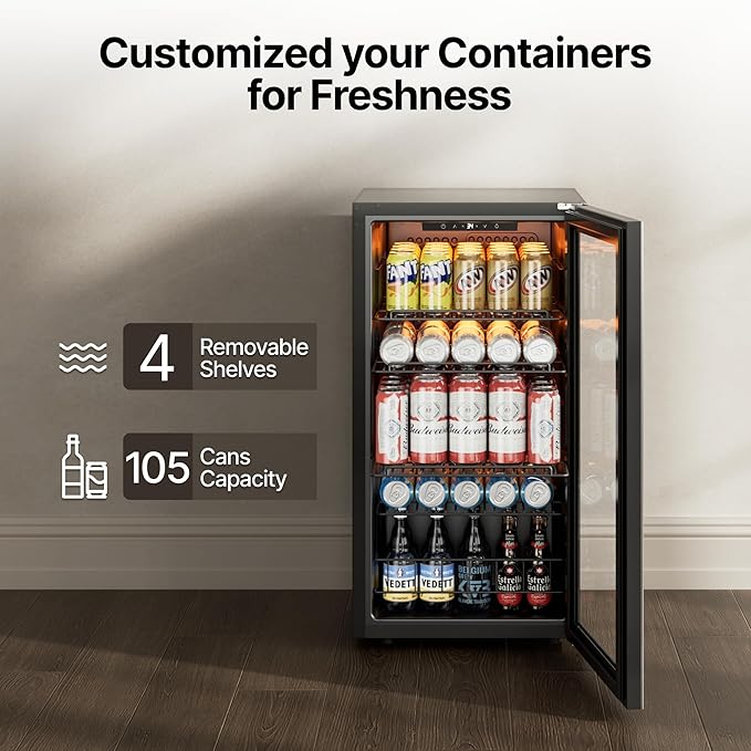 Ca'Lefort 105 Cans Beverage Cooler Mini Fridge, Beverage Refrigerator with Reversible Glass Door, Adjustable Shelves for Soda, Beer & Wine, Digital Temperature Control for Home, Office, Bar or Dorm