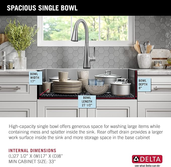 DELTA FAUCET Delta Lenta 30-inch Retrofit Farmhouse Apron Front 16 Gauge Stainless Steel Single Bowl Kitchen Sink for Undermount/Drop-In Installation with Accessories, 95J132-T30S-SS