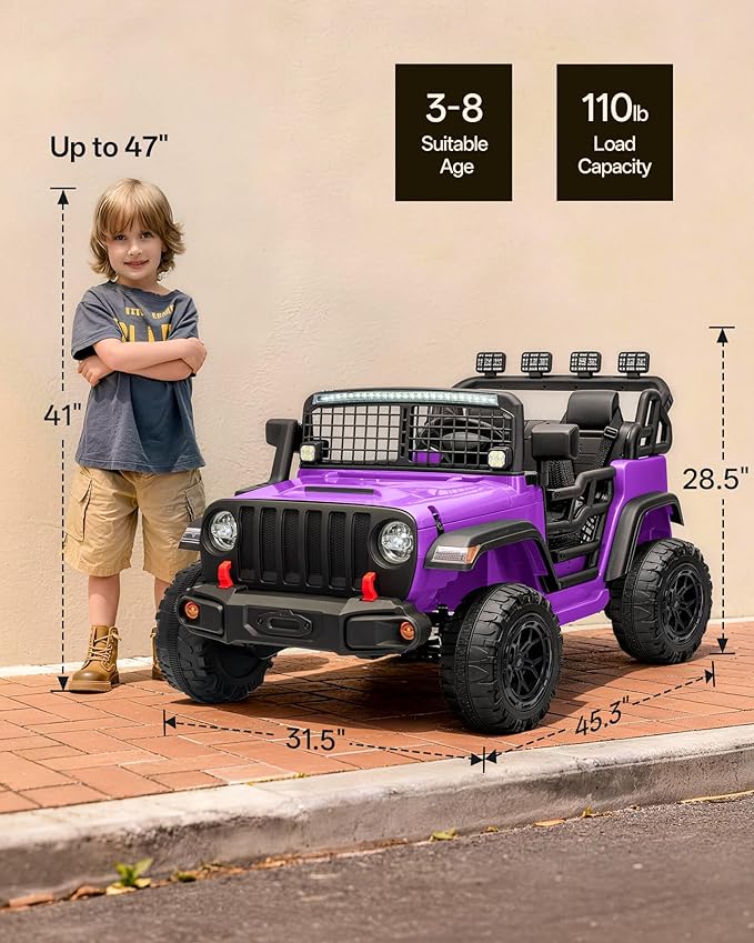 2 Seater Ride on Car Toy, 24V 4WD Electric Car for Kids 4-8 with Remote Control, 4x200W Motors, Capacity 110 lb - Purple