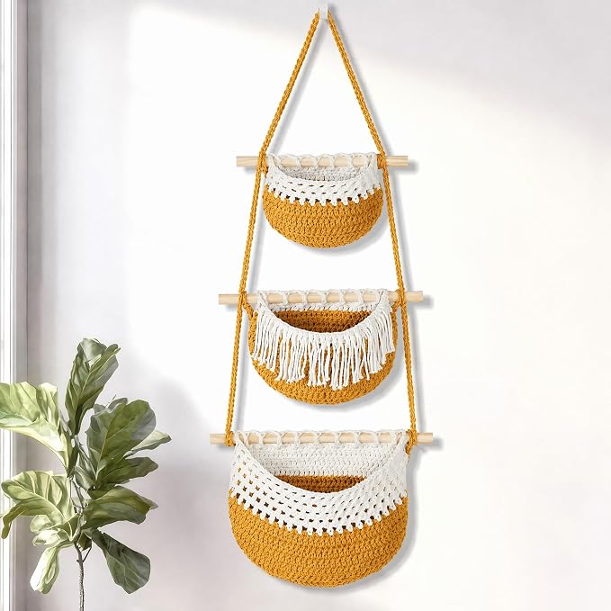 Macrame 3-Tier Hanging Wall Basket, Handwoven Jute Storage Organizer, Boho Decor by GLDFI