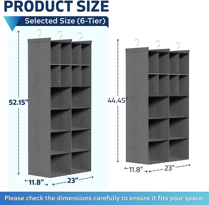 6 Tier Hanging Closet Organizer, 16 Compartments Dual Row Storage, 3 Sturdy - Image 2