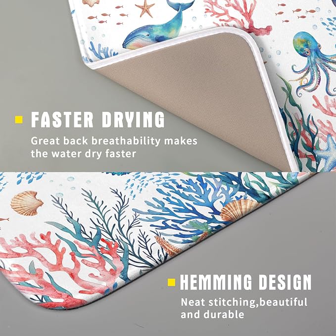 Giwawa Coastal Ocean Dish Drying Mat Seahorse Whales Drainer Rack Mats 16"x18" - Image 3