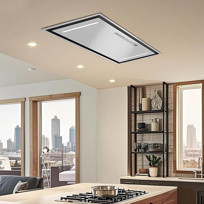 Awoco 36”W Flush Ceiling Mount Insert Island Range Hood, Stainless Steel 4 Speeds 700 CFM, 6” Round Vent LED Lights Remote Control (36"W)