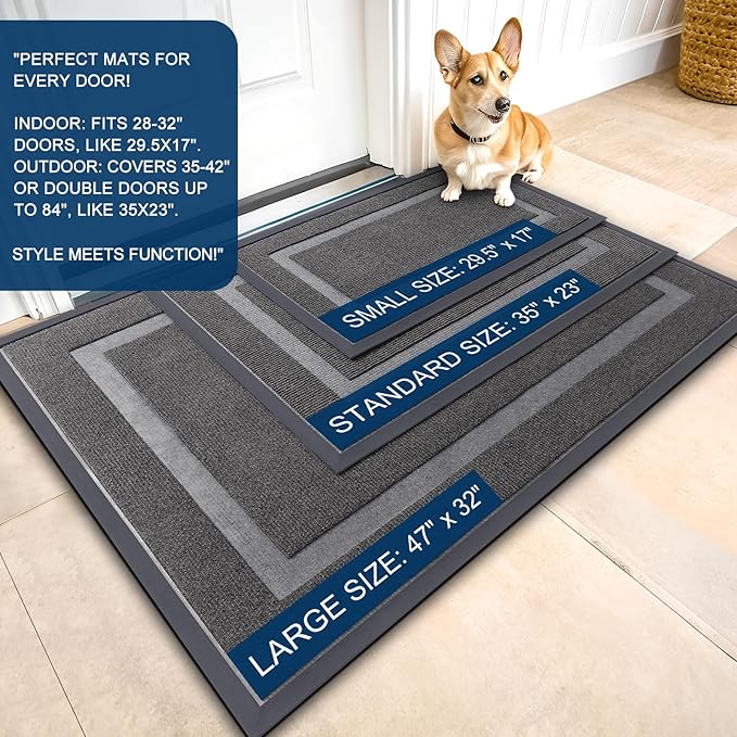OLANLY Front Door Mat Indoor Outdoor Entrance, Waterproof All-Season, All-Weather Doormat, Sturdy Natural Rubber, Fade Resistant, Low Profile, Easy Clean Patio Porch Entryway Mat, 59x30, Dark Grey