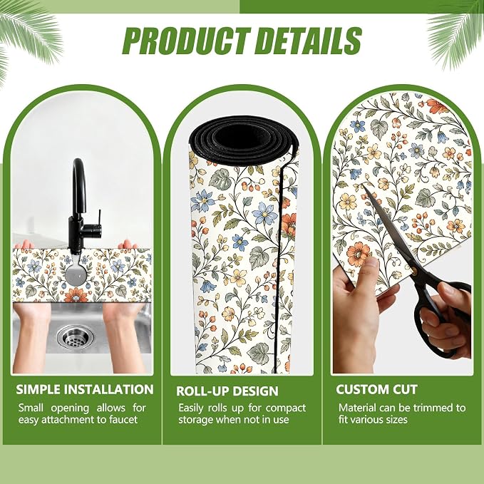 3 Pcs 2 Size Kitchen Sink Splash Guard Faucet Mat Wildflower Pattern Faucet Mat - Image 3