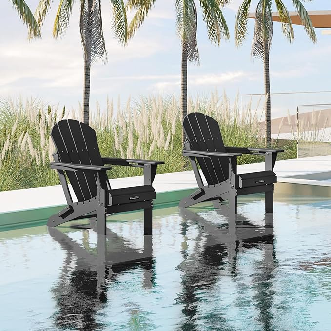 MUCHENGHY Folding Adirondack Chairs 4 Pack, Patio Chairs, Fire Pit Chairs, Outdoor Chairs, Plastic Adirondack Chairs, Lawn Chairs Weather Resistant with Cup Holder for Deck, Backyard, Garden(Black)