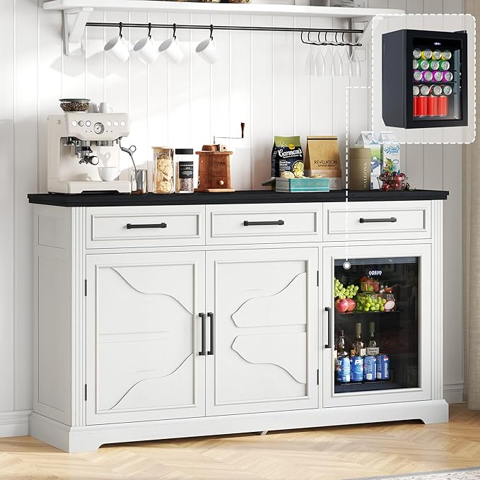 60" Farmhouse Coffee Bar Cabinet with Beverage Fridge (Included), Wine Bar Cabinet with Drawer Storage, Mini Fridge Cabinet, Sideboard Cabinet for Dining Room, Living Room-White