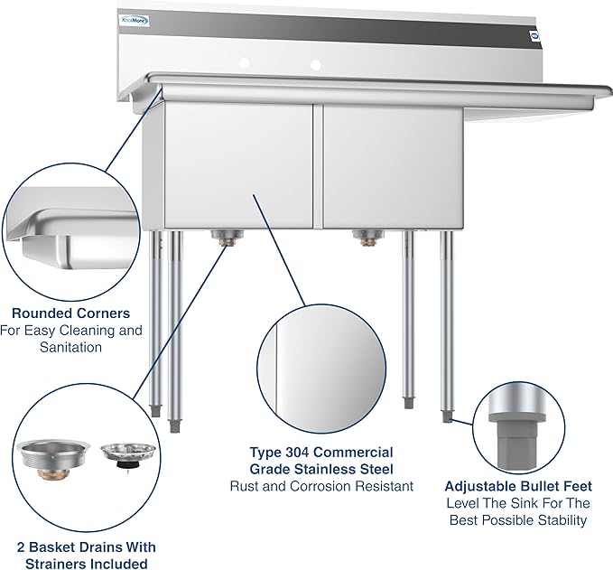 KoolMore - SB151512-15R3 2 Compartment Stainless Steel NSF Commercial Kitchen Prep & Utility Sink with Drainboard - Bowl Size 15" x 15" x 12", Silver