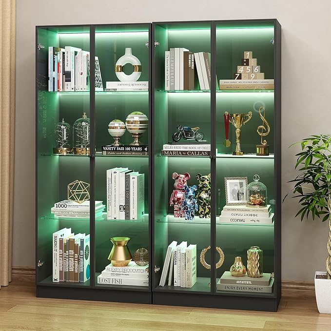 Display Cabinet with LED Lights - Set of 2, Glass Display Case with 3 Adjustable Shelves, Curio Cabinet with 2 Glass Doors, Storage for Collectibles, Living Room